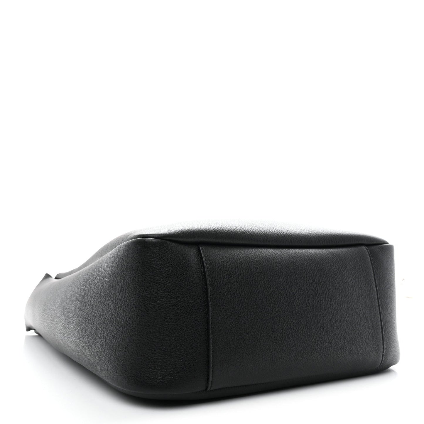 Black leather soft hobo bag close-up, showing rounded shape and smooth grain