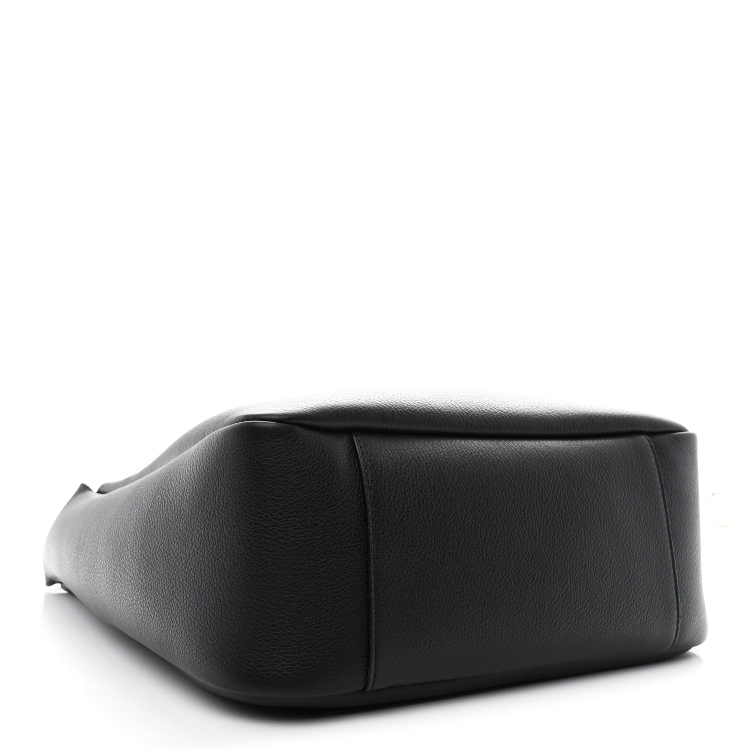 Black leather soft hobo bag close-up, showing rounded shape and smooth grain
