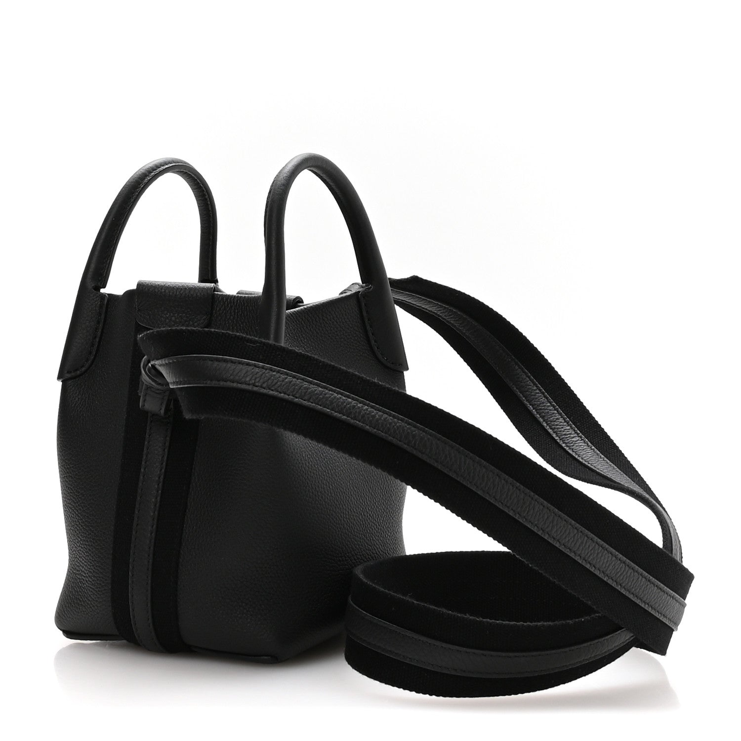 Black grained leather micro bale bag with two top handles and long crossbody strap