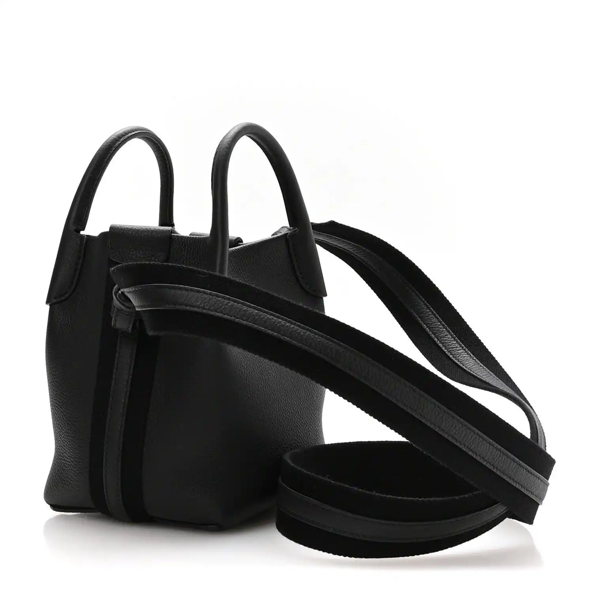 Black grained leather micro bale bag with two top handles and long crossbody strap