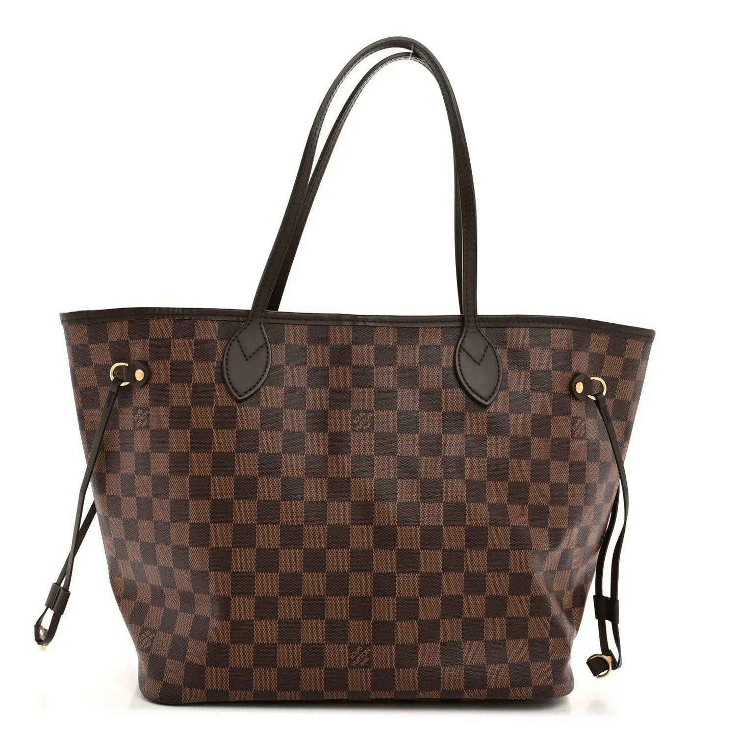Damier Ebene canvas tote bag in brown check pattern with leather top handles and side buckles