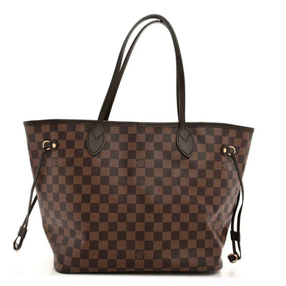Damier Ebene canvas tote bag in brown check pattern with leather top handles and side buckles