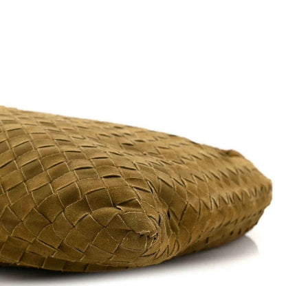 Olive suede hobo bag, corner close-up of woven suede panel