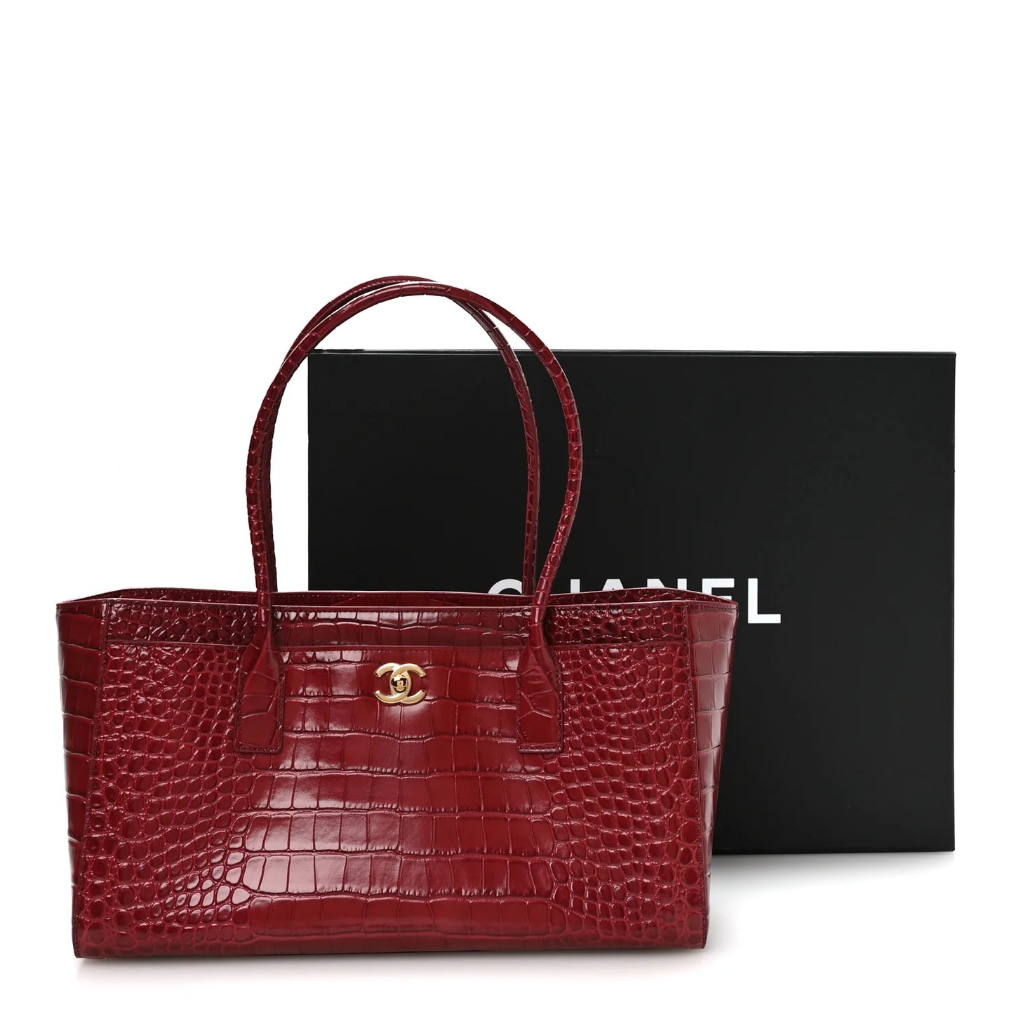 Small Chanel shopping bag with top handles and croc-embossed leather in dark red