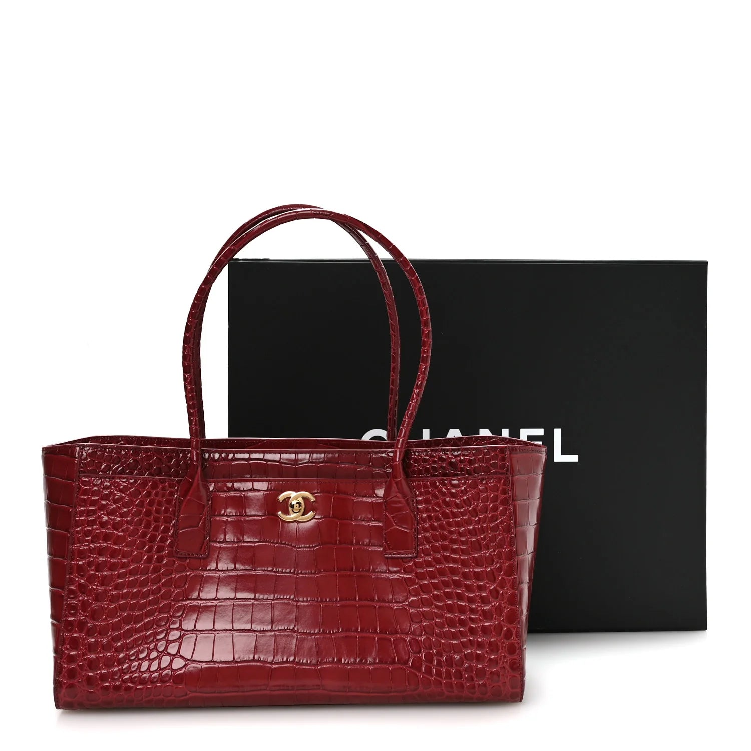Small Chanel shopping bag with top handles and croc-embossed leather in dark red