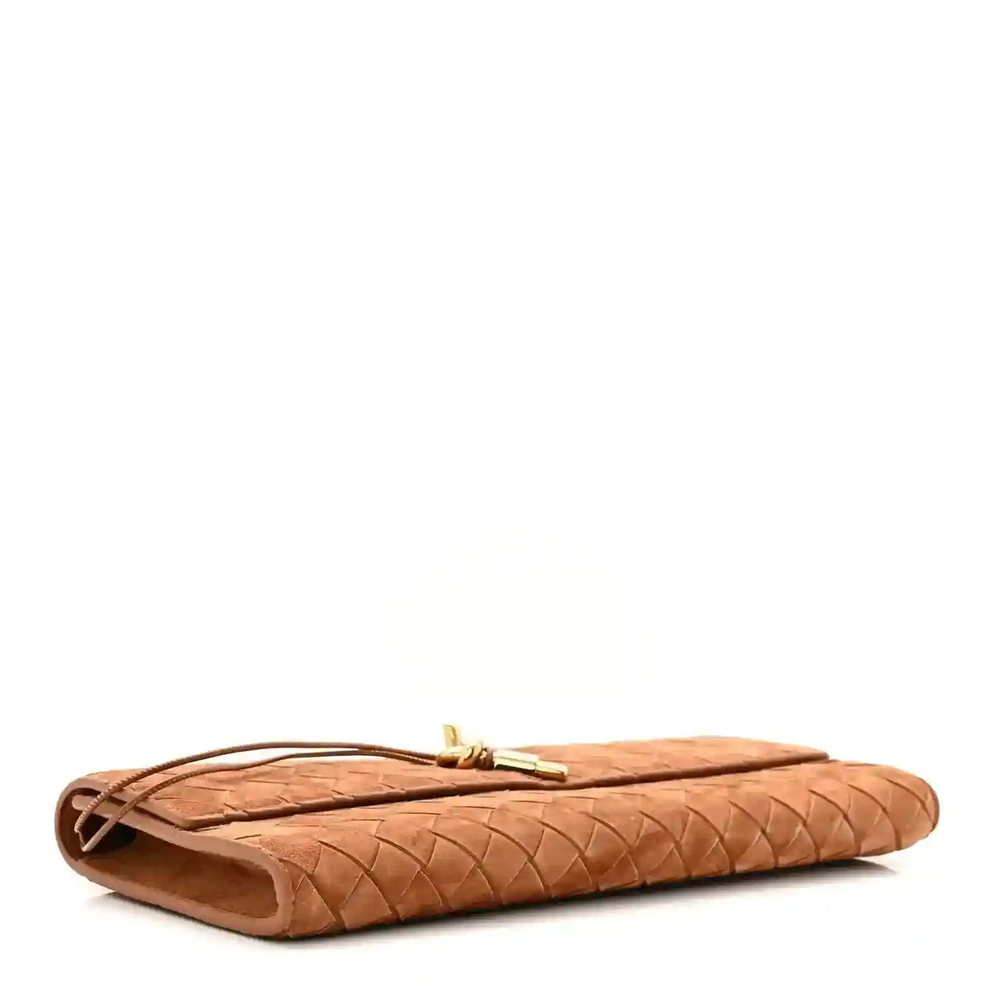 Amber-brown suede clutch underside with top handle and metal hardware