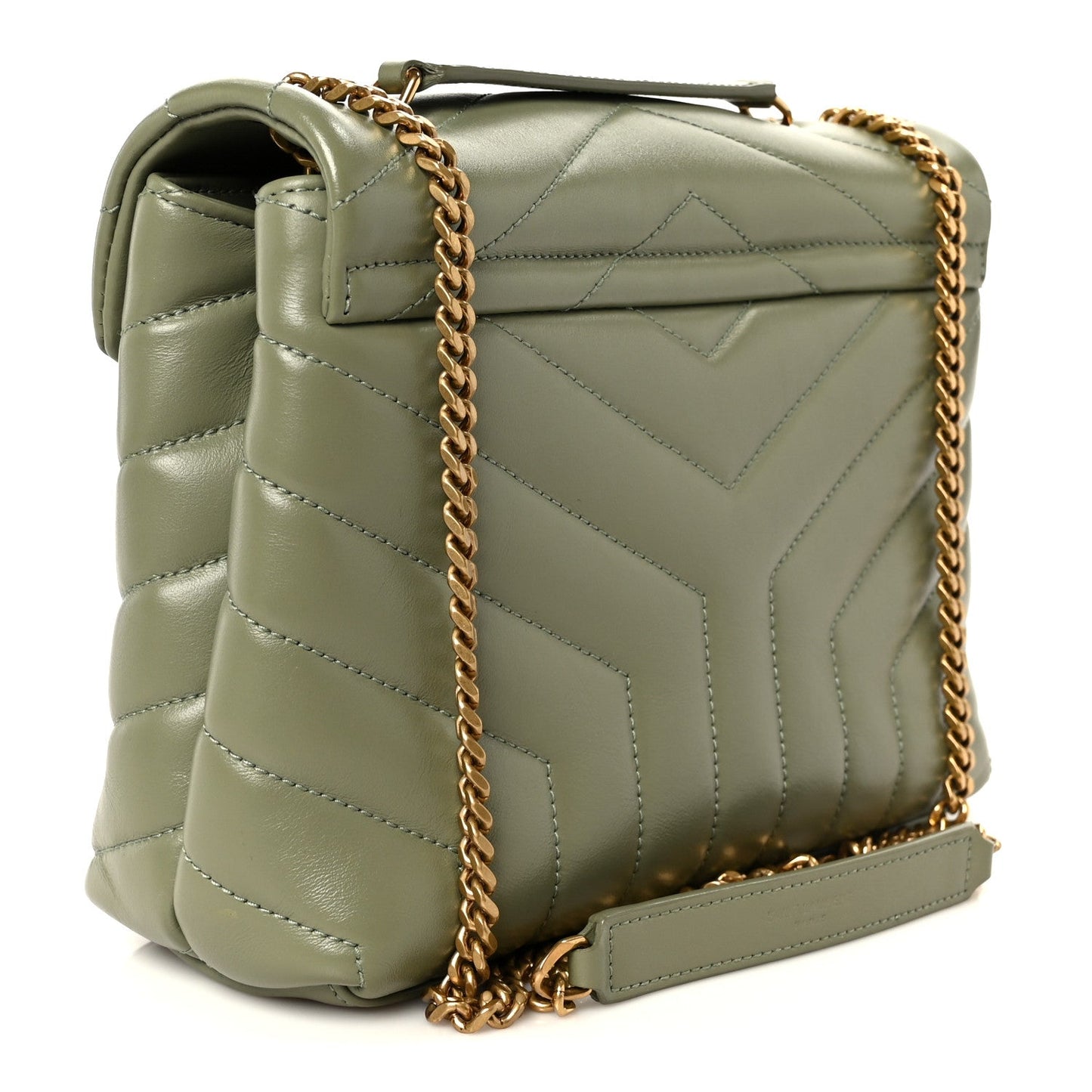 Light sage quilted leather small chain satchel with gold-tone YSL logo and shoulder strap