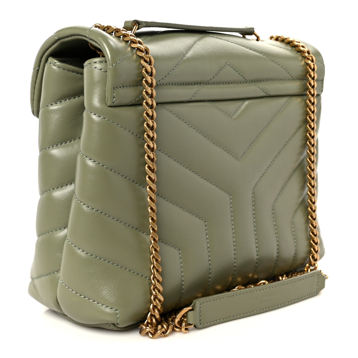 Light sage quilted leather small chain satchel with gold-tone YSL logo and shoulder strap