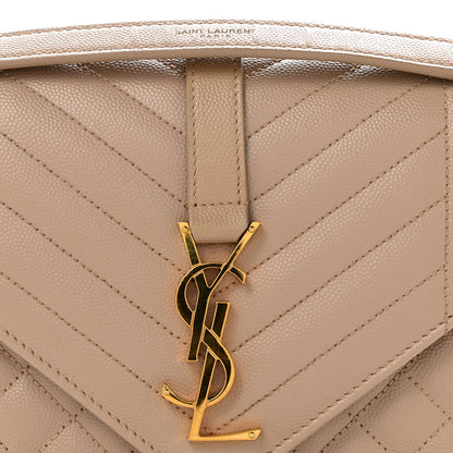 Dark beige quilted satchel flap with YSL logo charm clasp