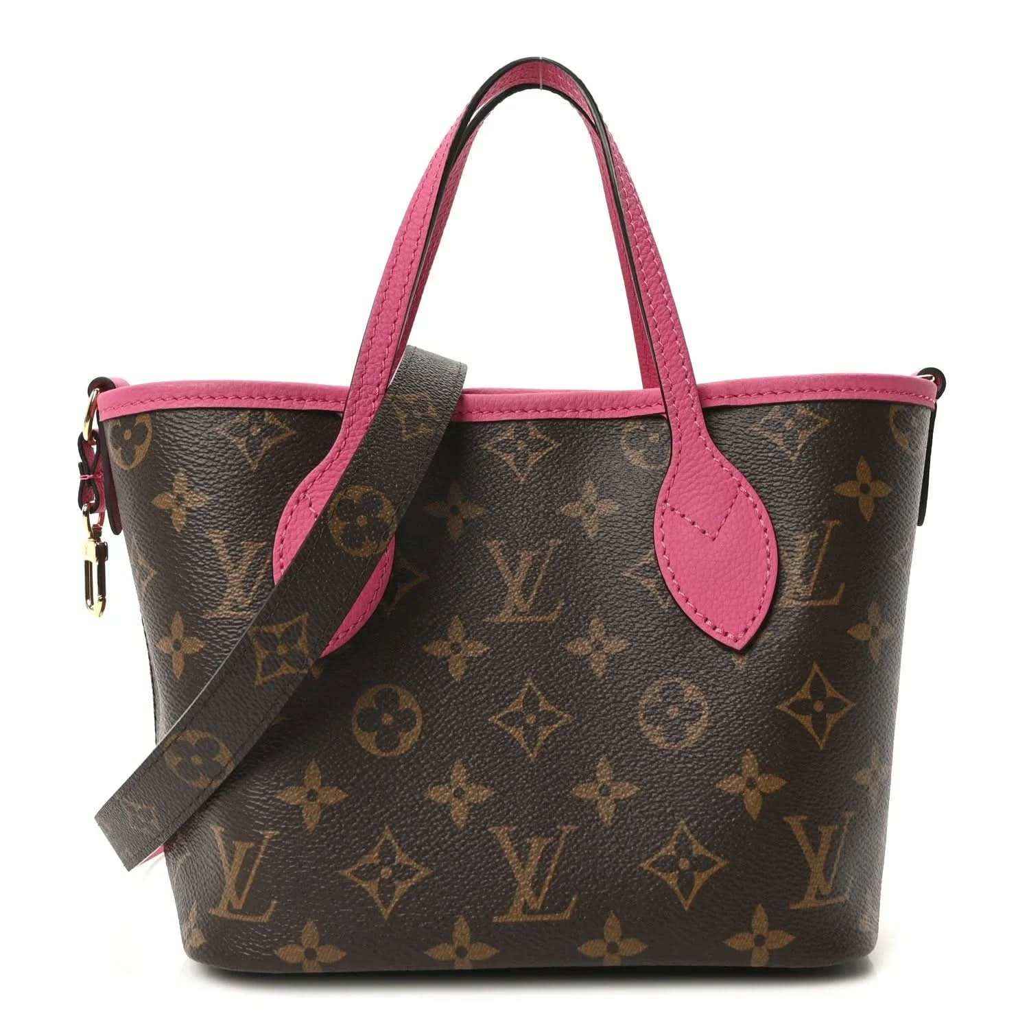 Louis Vuitton monogram tote bag with pink leather top handles and wrist strap