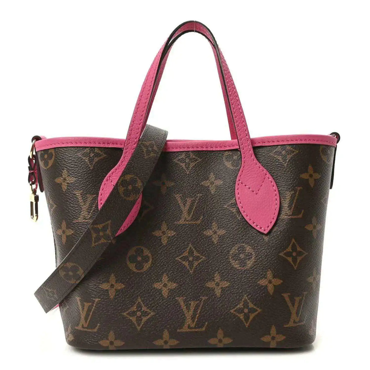 Louis Vuitton monogram tote bag with pink leather top handles and wrist strap