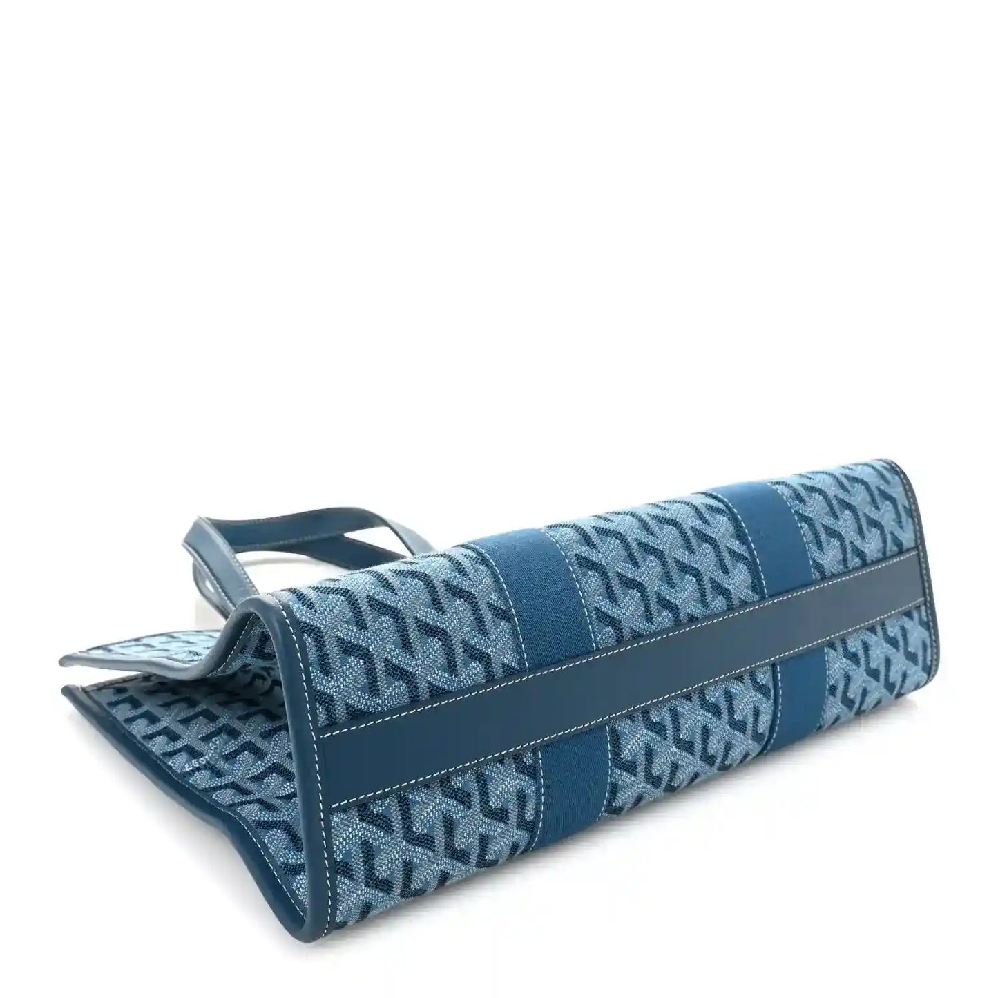 Ocean blue Villette PM tote bag, side view with long shoulder strap and monogram pattern.