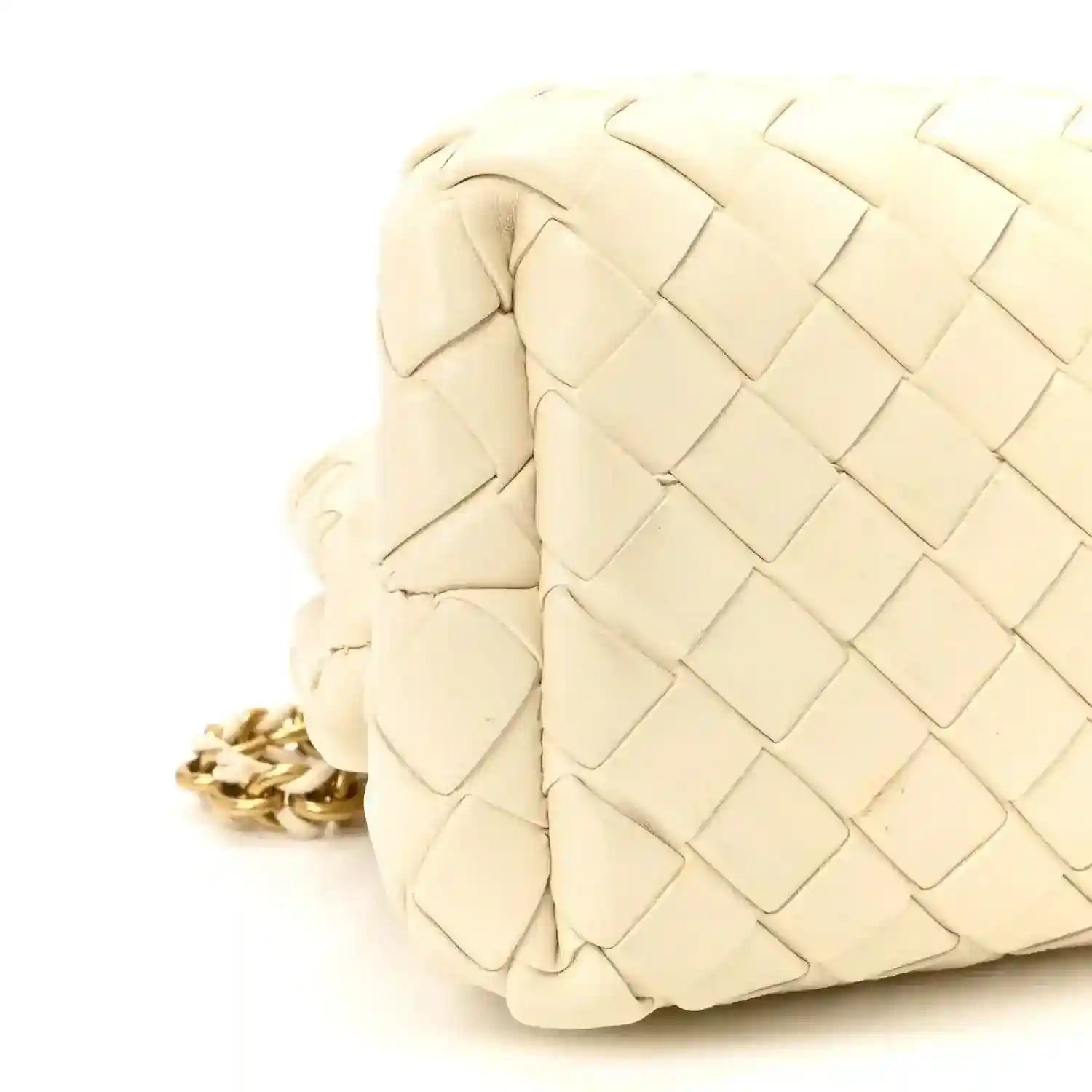 White leather intrecciato clutch side view with gold-tone chain