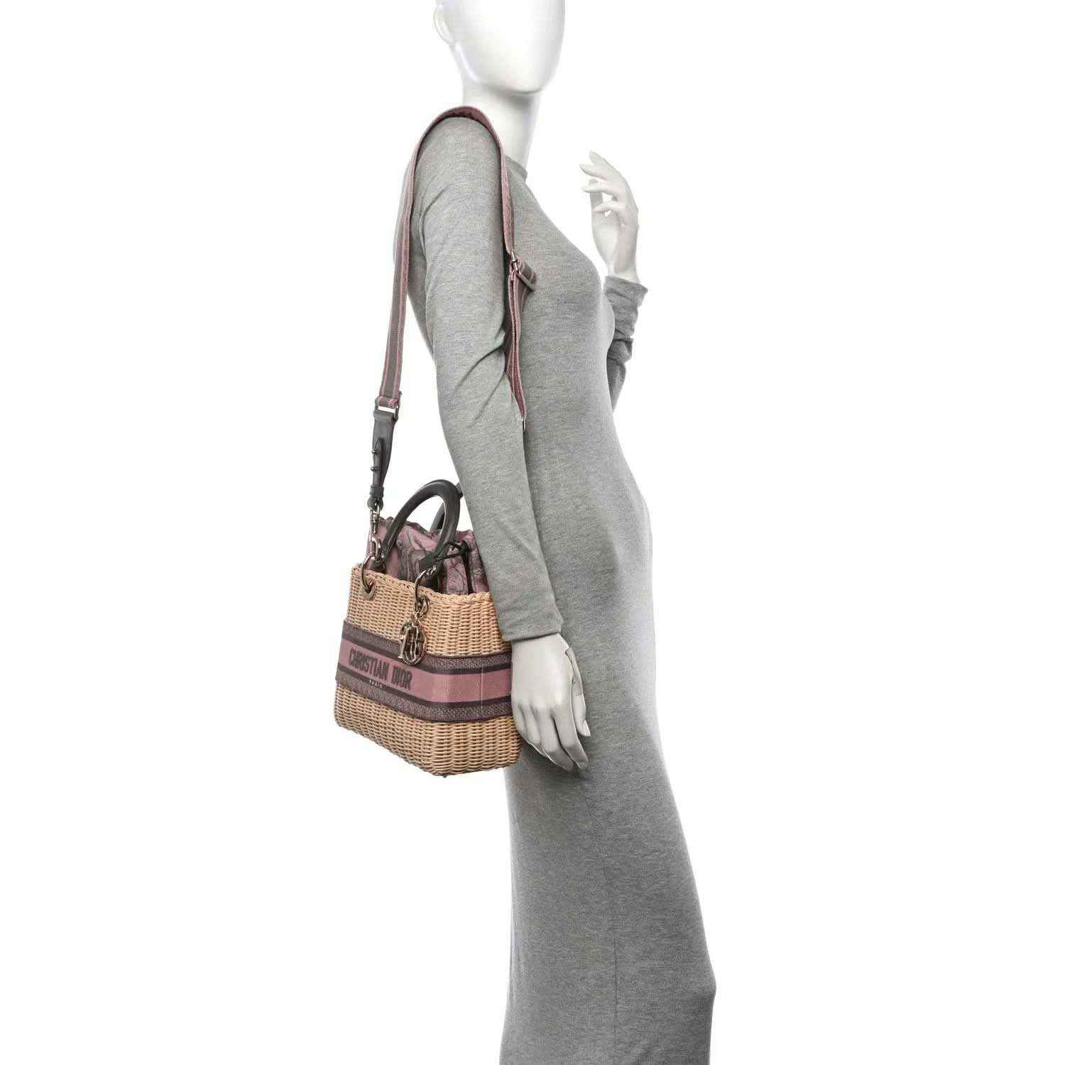 Medium wicker Lady Dior bag with pink and gray striped body and crossbody strap
