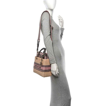Medium wicker Lady Dior bag with pink and gray striped body and crossbody strap