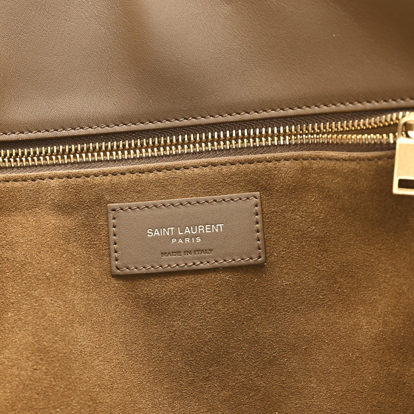 Suede tote bag with leather brand patch reading SAINT LAURENT PARIS