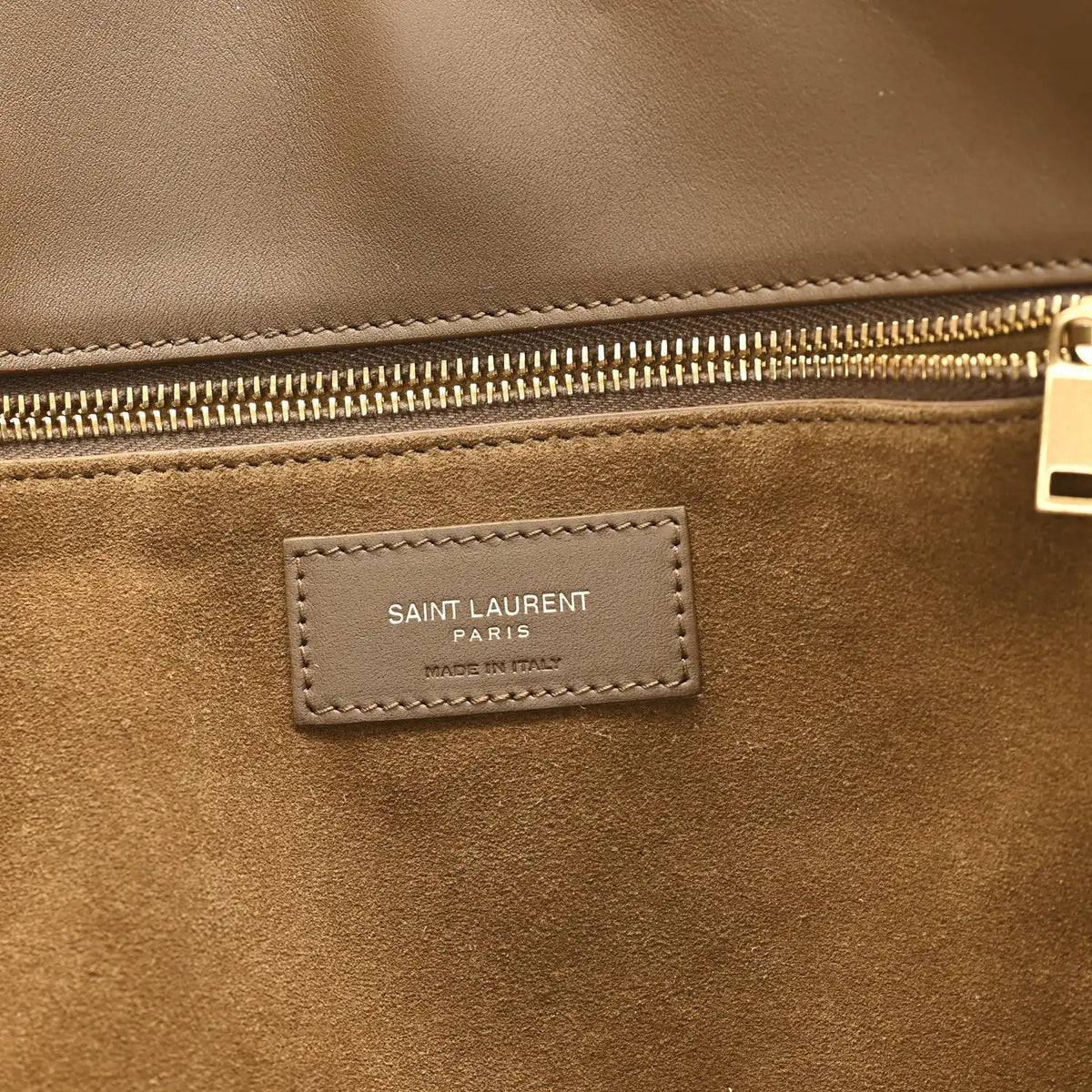 Suede tote bag with leather brand patch reading SAINT LAURENT PARIS