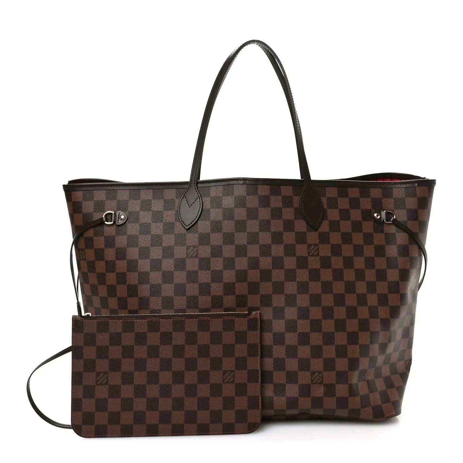 Damier Ebene canvas tote bag with dark leather handles and side pocket detailing