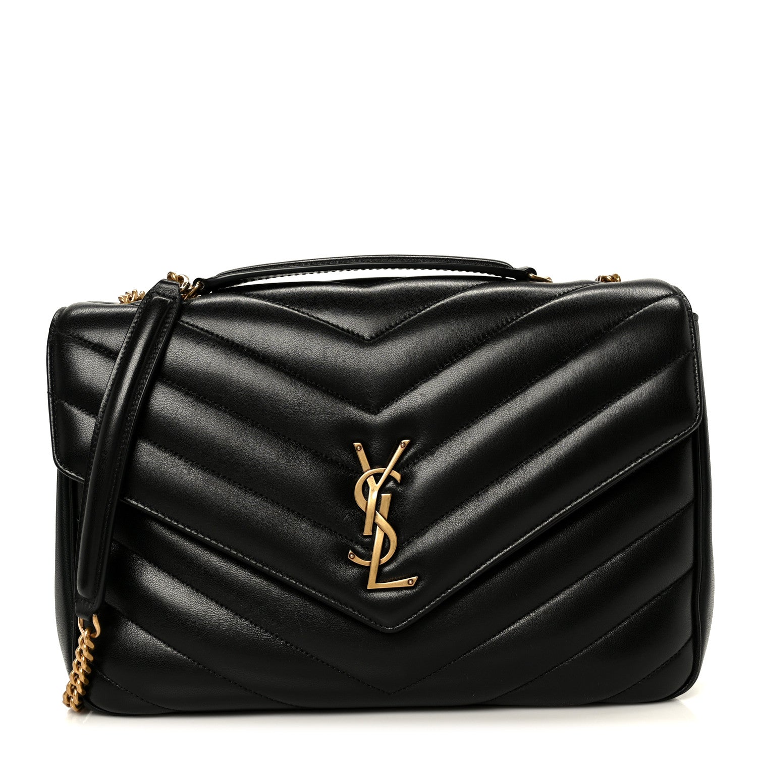 Black chevron-quilted lambskin shoulder bag with YSL emblem and top handle