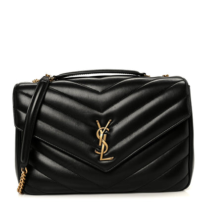 Black chevron-quilted lambskin shoulder bag with YSL emblem and top handle