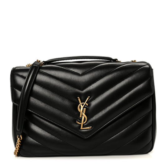 Black chevron-quilted lambskin shoulder bag with YSL emblem and top handle