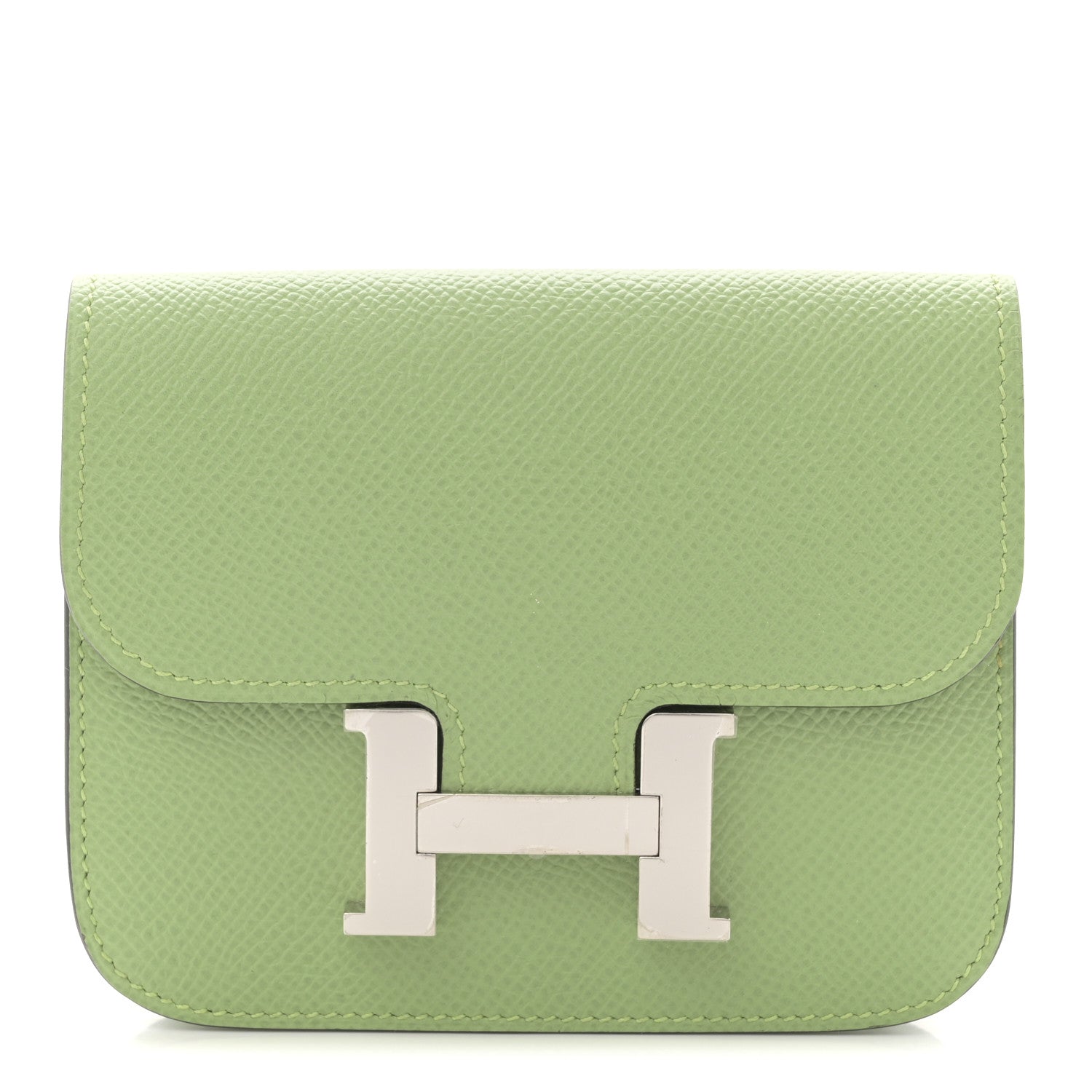 Light green leather slim wallet with front H clasp and top flap
