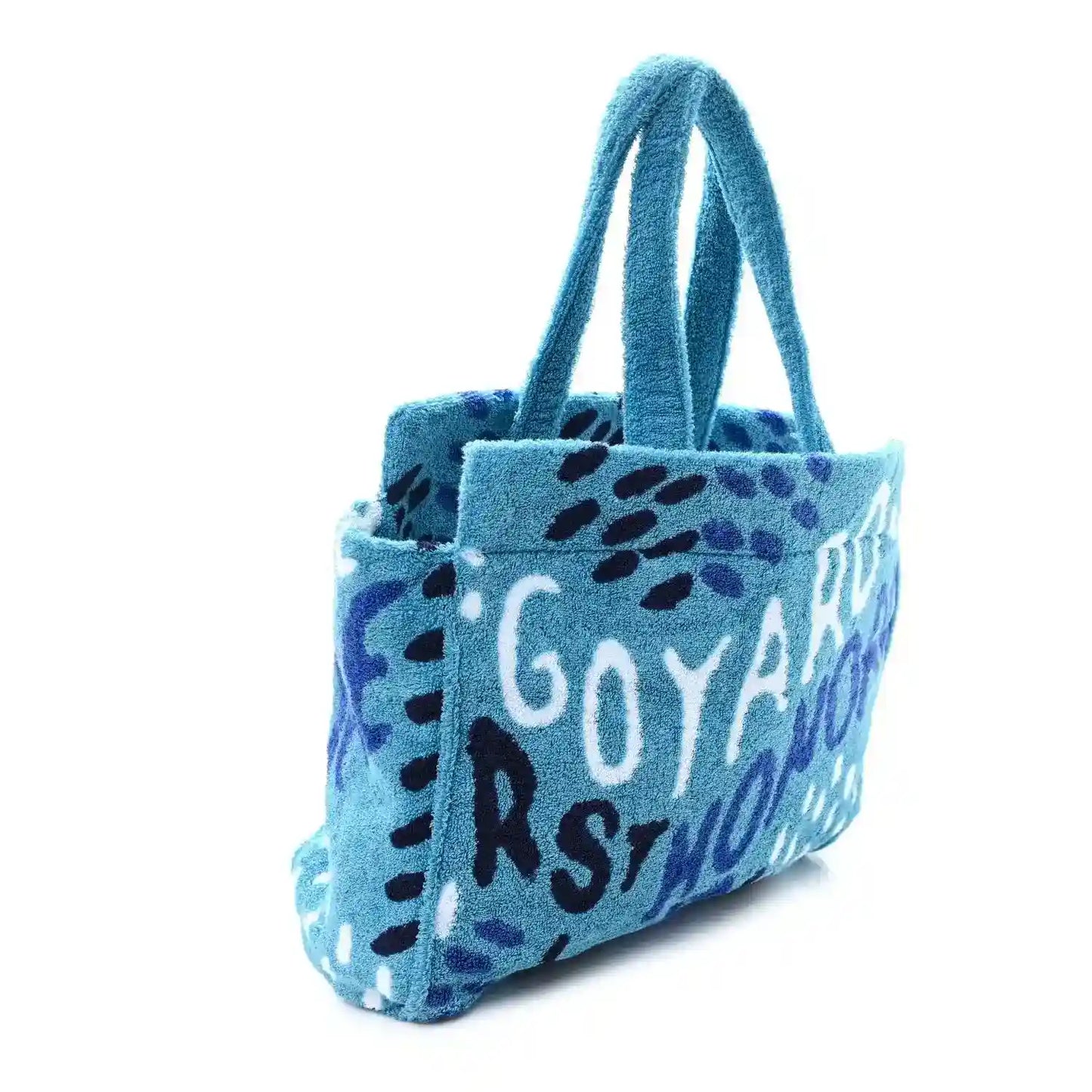 Turquoise terry beach tote with twin handles and bold black-and-white logo lettering.