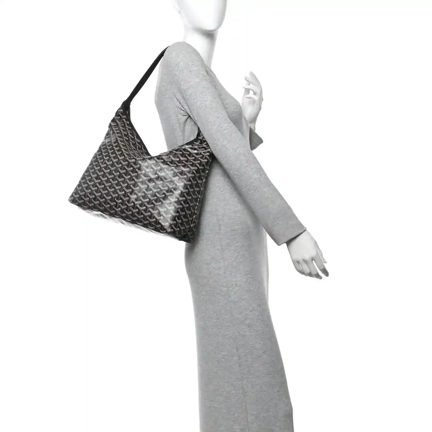 Chevron-pattern hobo shoulder bag worn on arm, gray knit-style display
