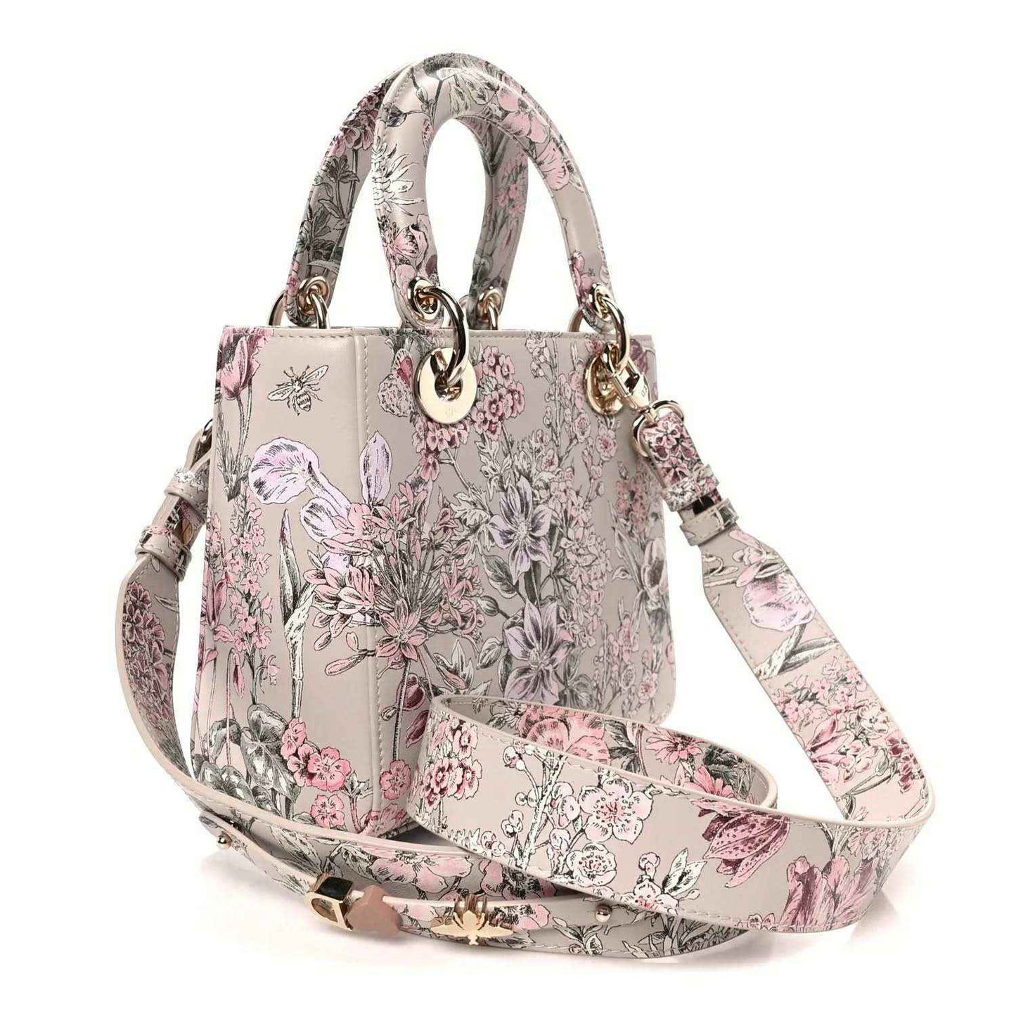 Small Lady Dior handbag with pink floral print, dual handles and crossbody strap