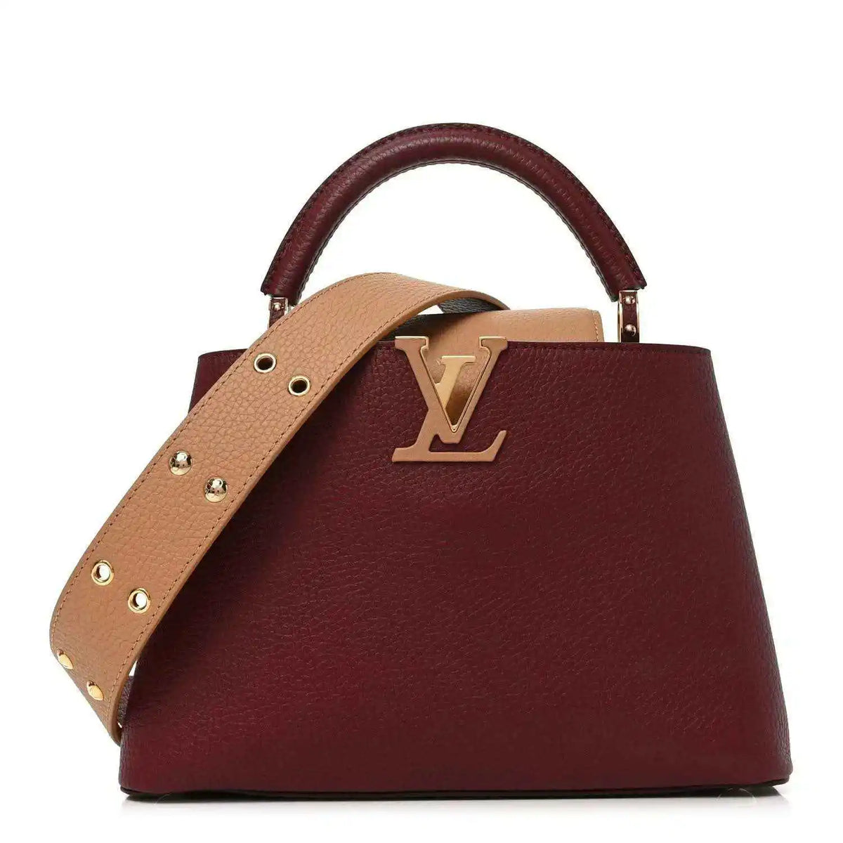Bordeaux leather handbag with tan crossbody strap and gold Louis Vuitton logo.