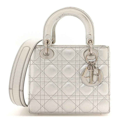 My Lady Dior handbag, metallic silver grained leather with quilted lattice front
