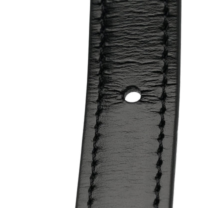 Black shiny calfskin belt strap detail with punched hole and stitched edges
