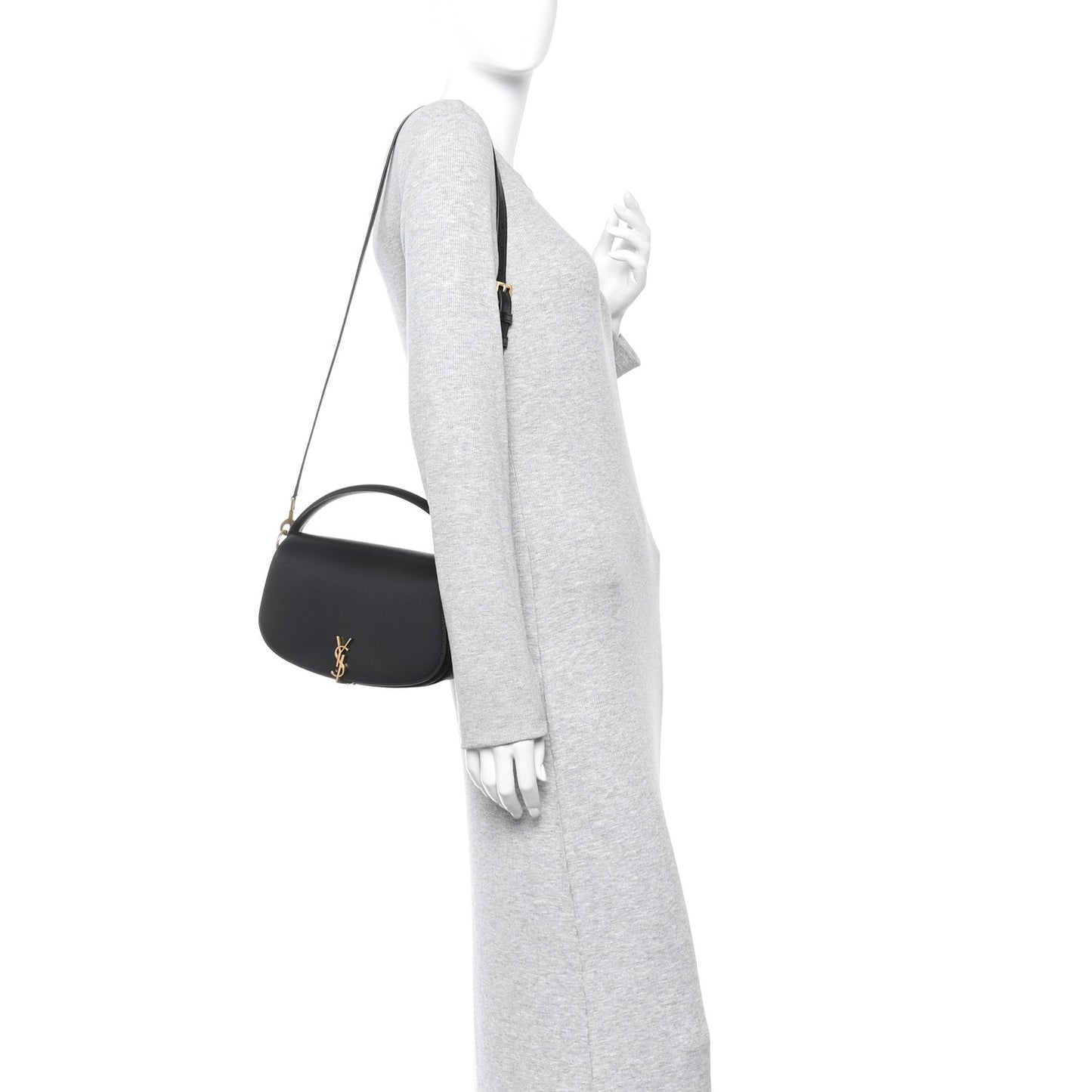 Black YSL logo crossbody bag with long strap and top handle.
