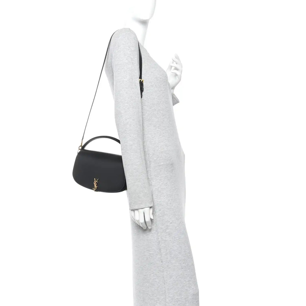 Black YSL logo crossbody bag with long strap and top handle.