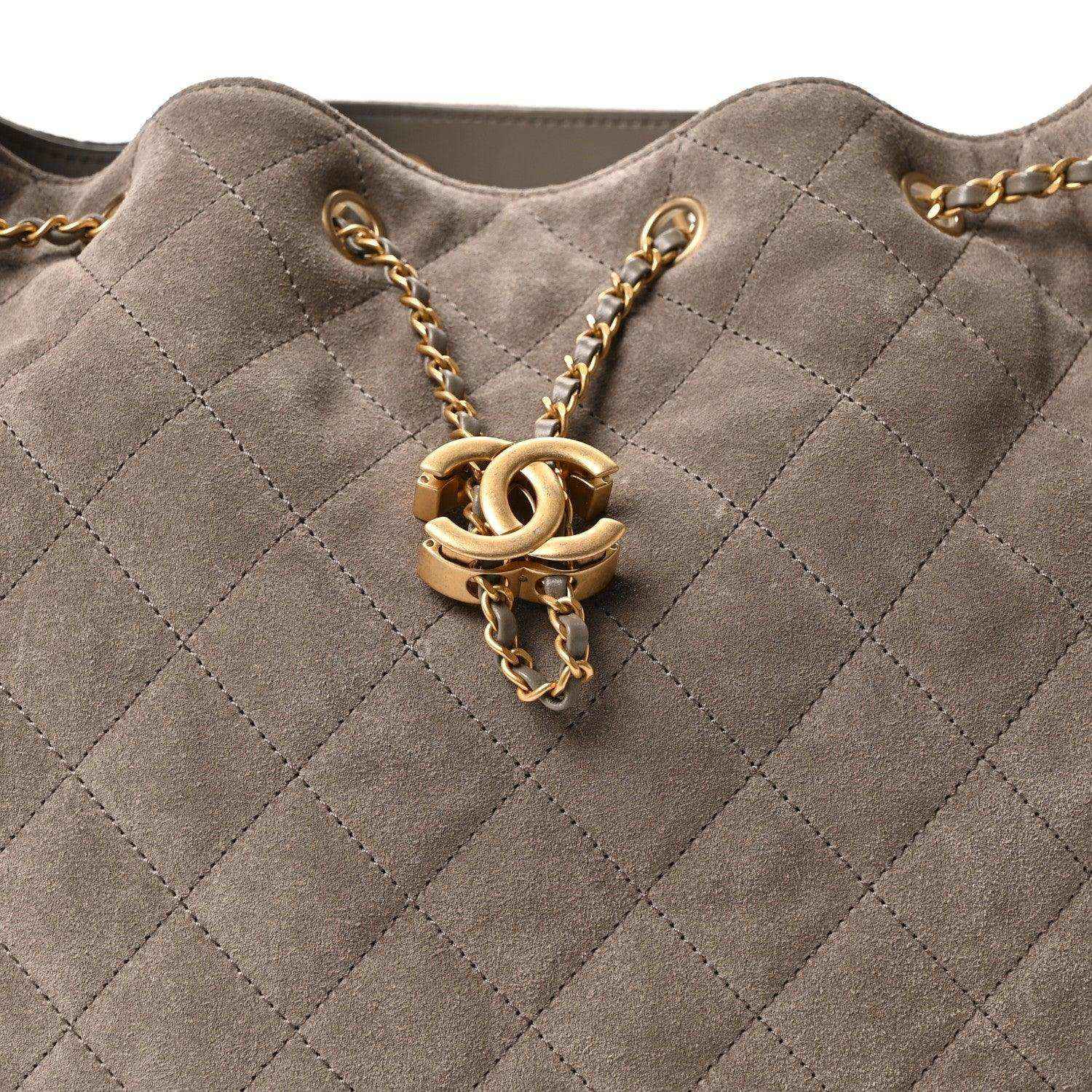 Chanel quilted suede bag, dark grey, gold chain and CC turn-lock detail