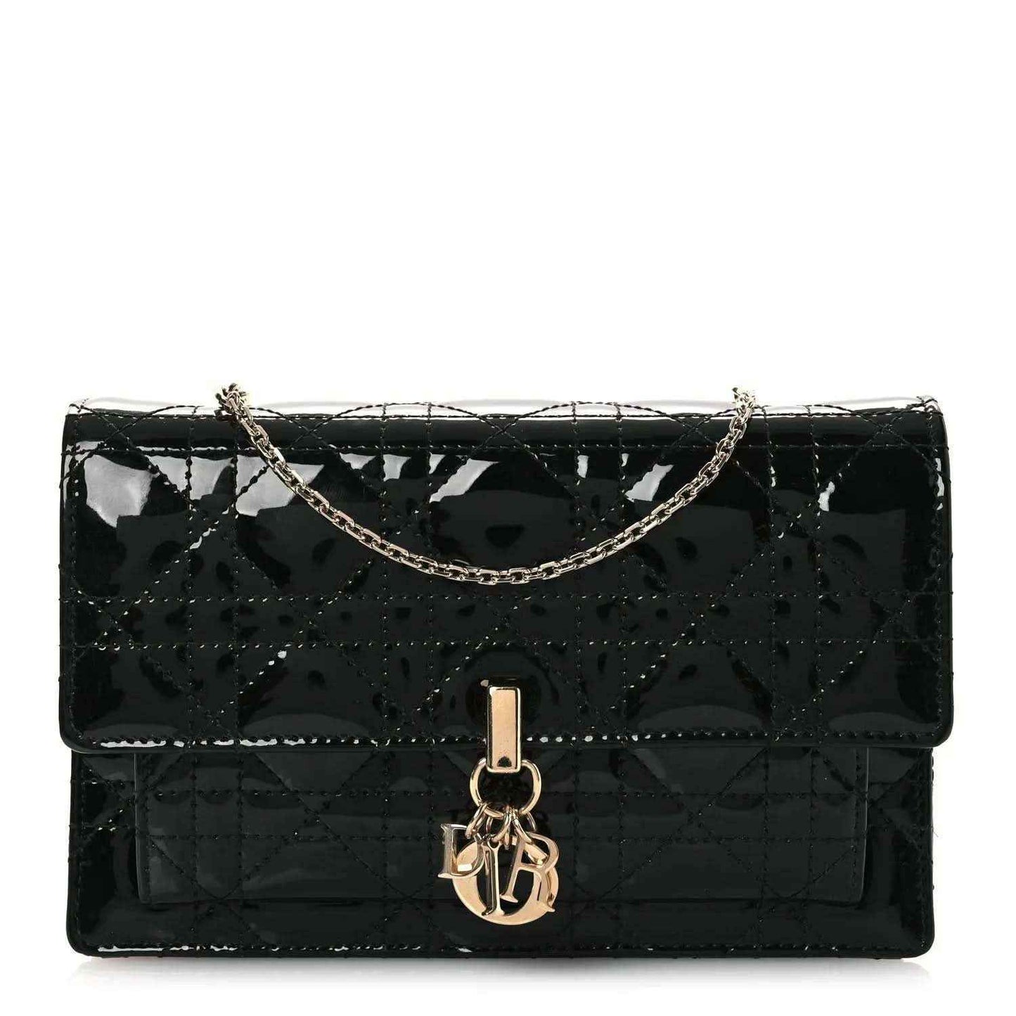 Black patent cannage Lady Dior chain pouch with front gold-tone Dior clasp
