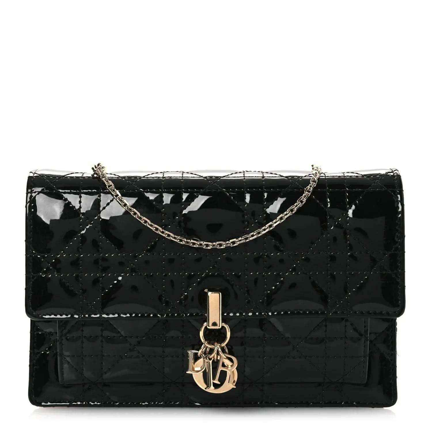 Black patent cannage Lady Dior chain pouch with front gold-tone Dior clasp