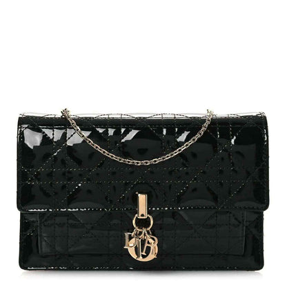 Black patent cannage Lady Dior chain pouch with front gold-tone Dior clasp