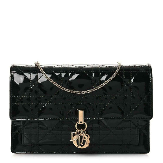 Black patent cannage Lady Dior chain pouch with front gold-tone Dior clasp