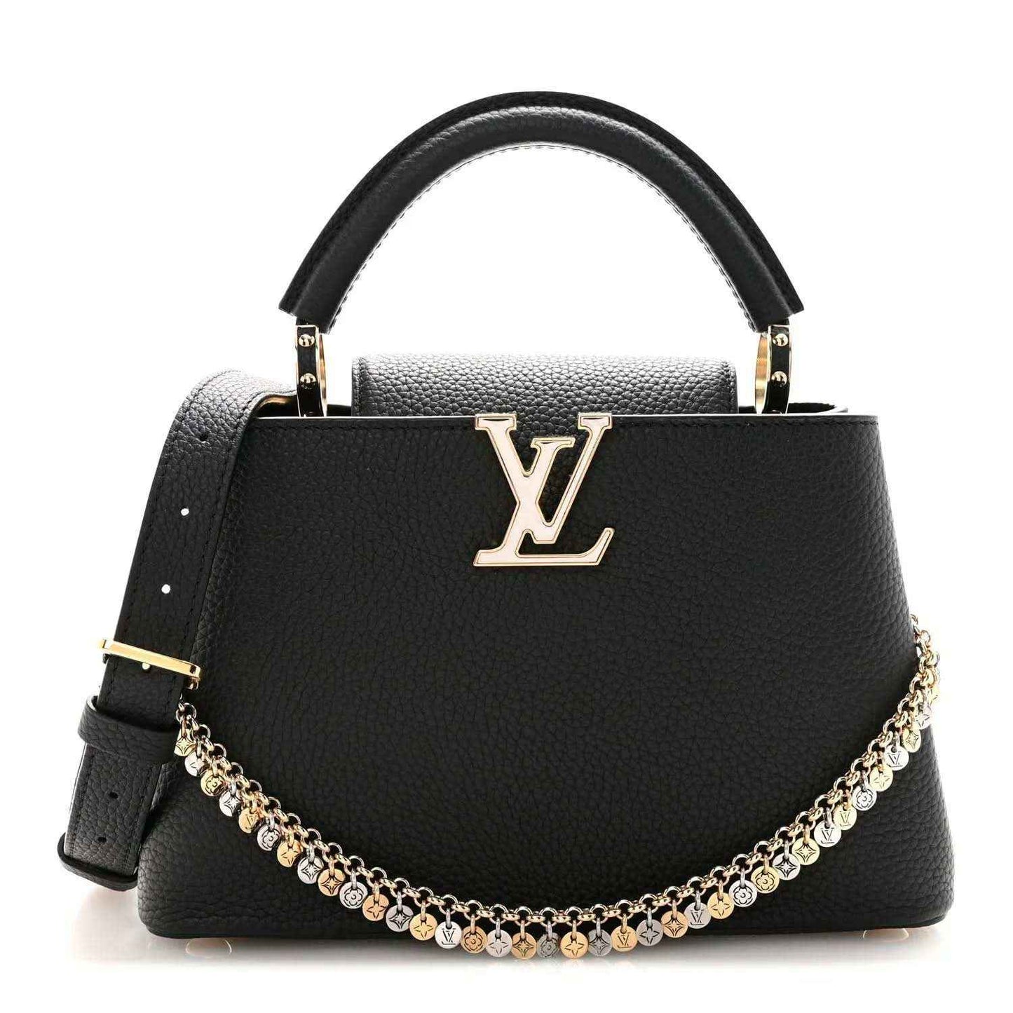 Black leather handbag with LV logo front, top handle, and gold chain strap