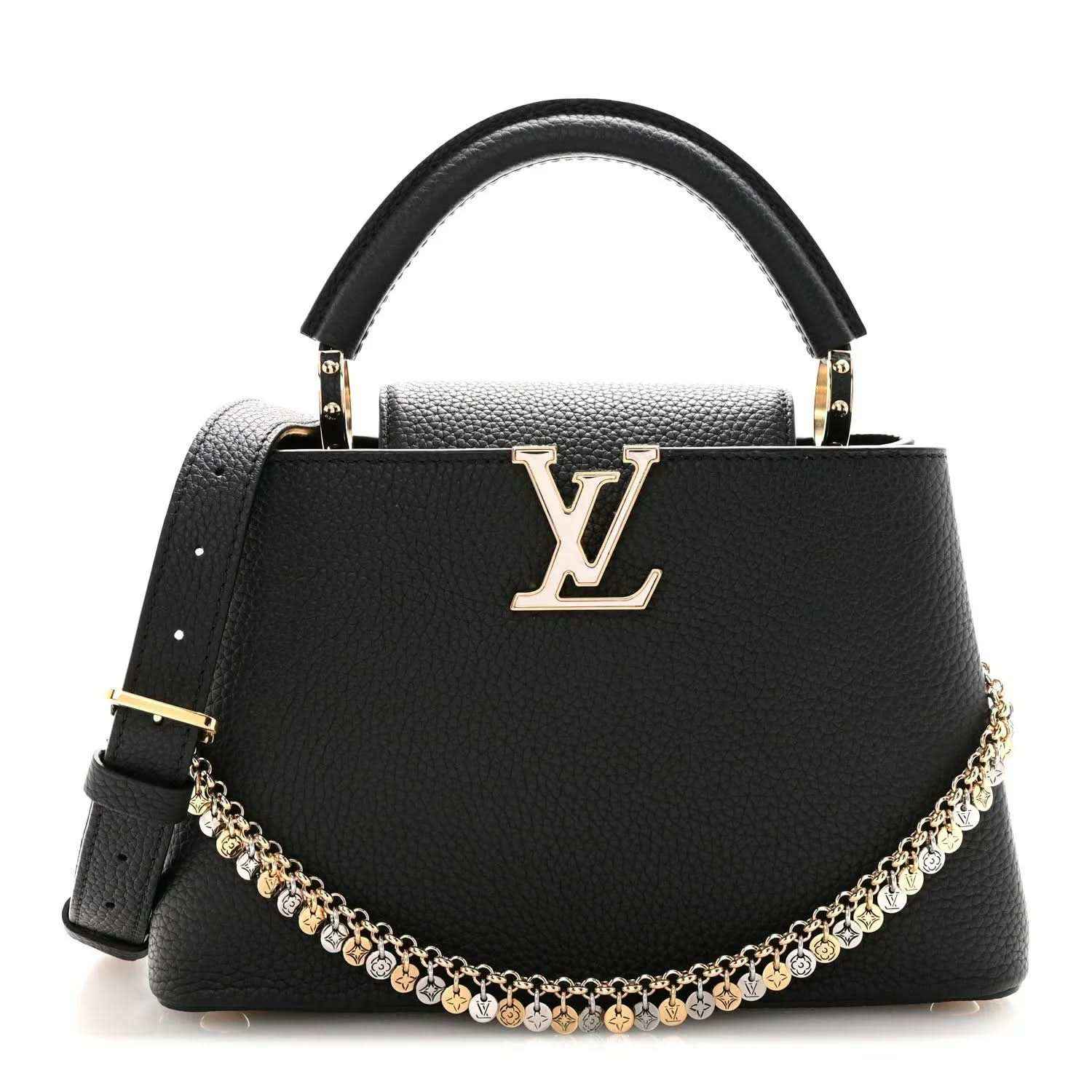 Black leather handbag with LV logo front, top handle, and gold chain strap