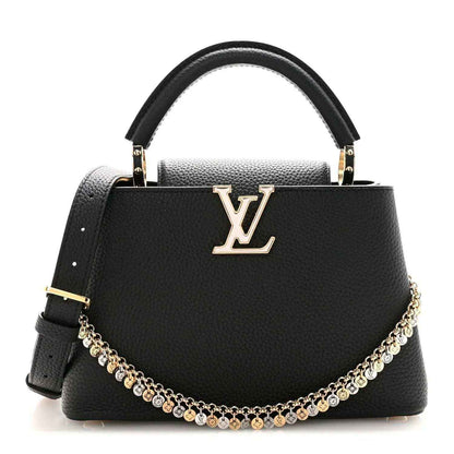 Black leather handbag with LV logo front, top handle, and gold chain strap