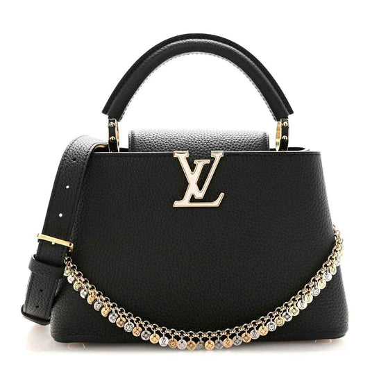 Black leather handbag with LV logo front, top handle, and gold chain strap