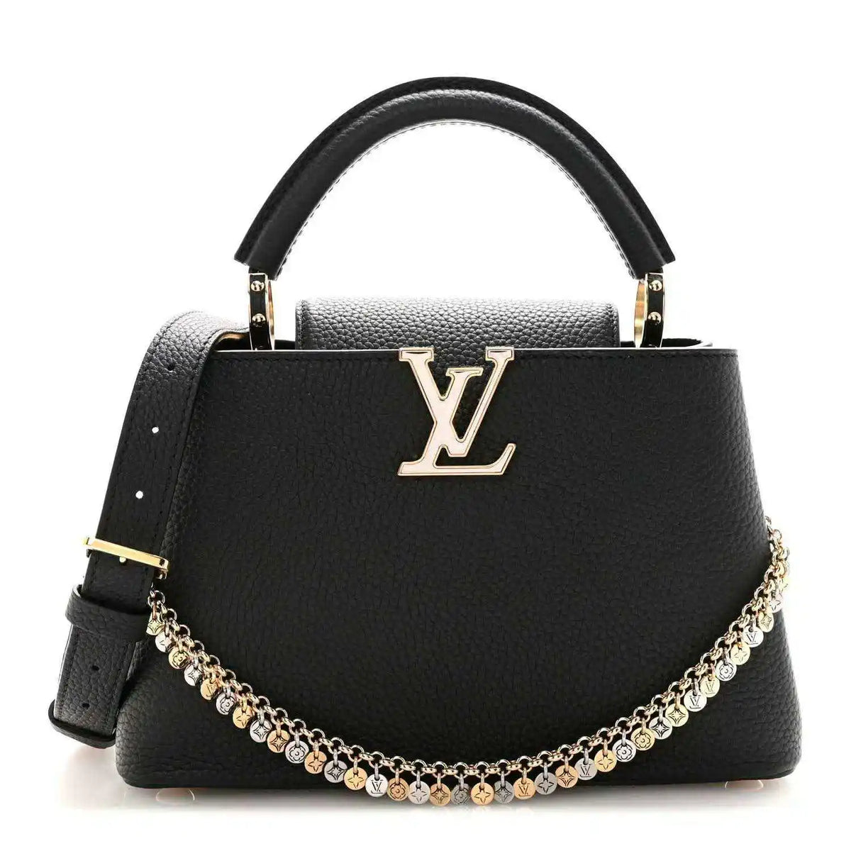 Black leather handbag with LV logo front, top handle, and gold chain strap