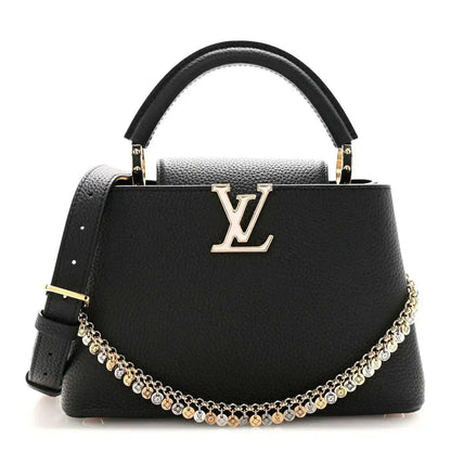 Black leather handbag with LV logo front, top handle, and gold chain strap