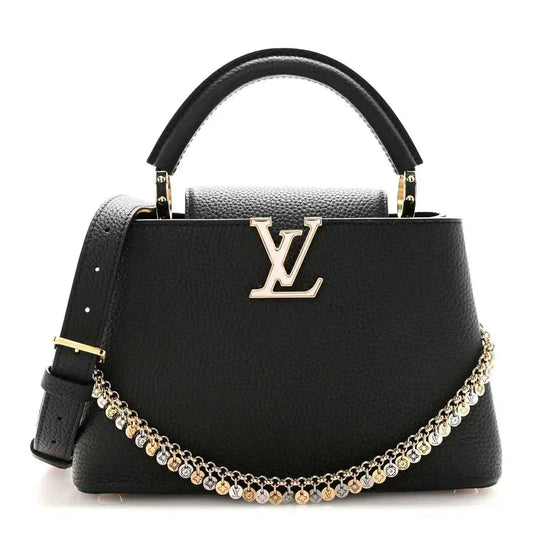 Black leather handbag with LV logo front, top handle, and gold chain strap