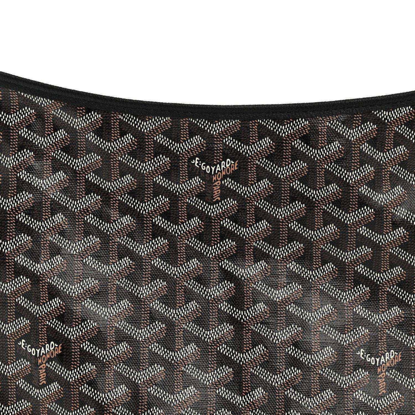 Close-up of Goyard hobo bag coated canvas with repeating Goyardine pattern and logos