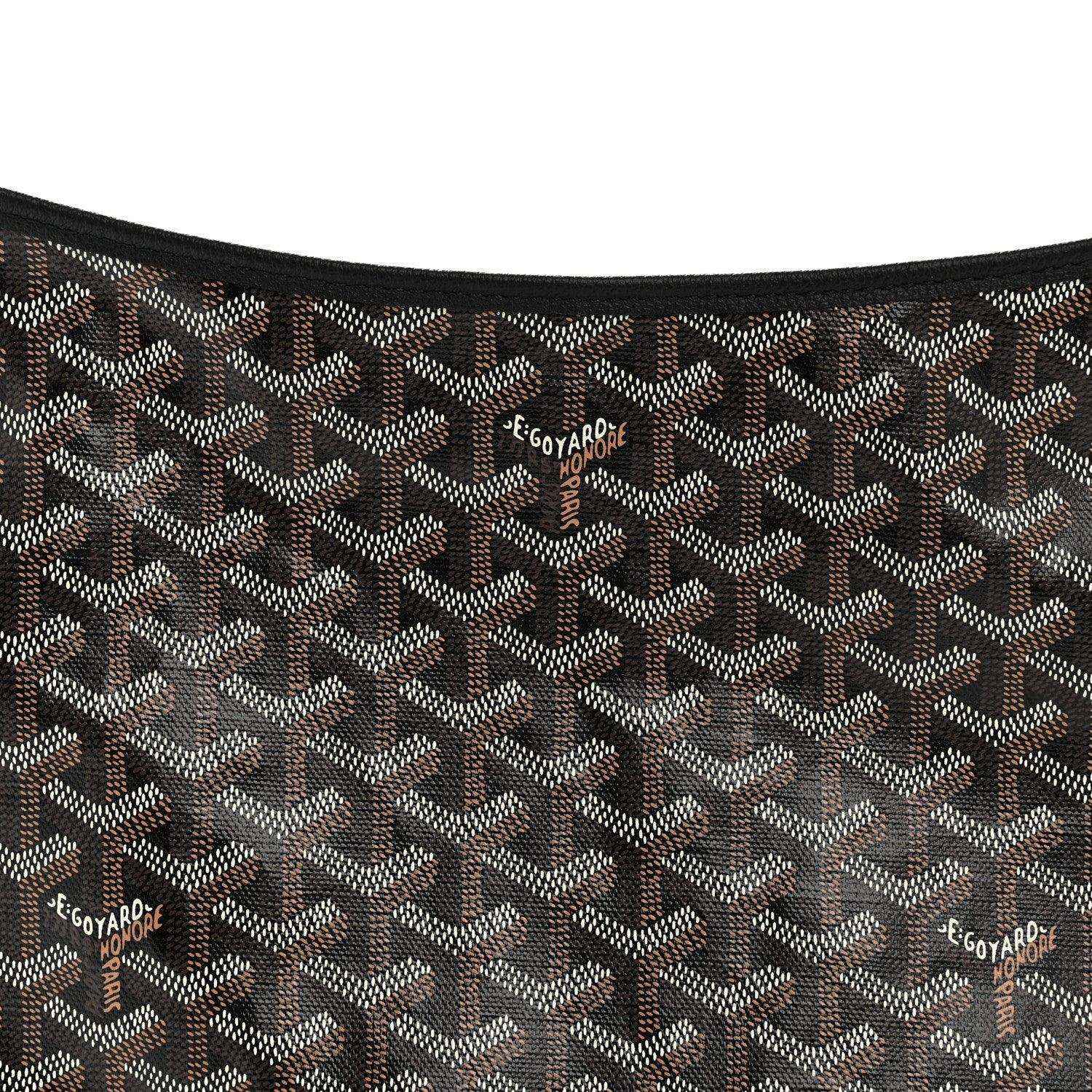 Close-up of Goyard hobo bag coated canvas with repeating Goyardine pattern and logos