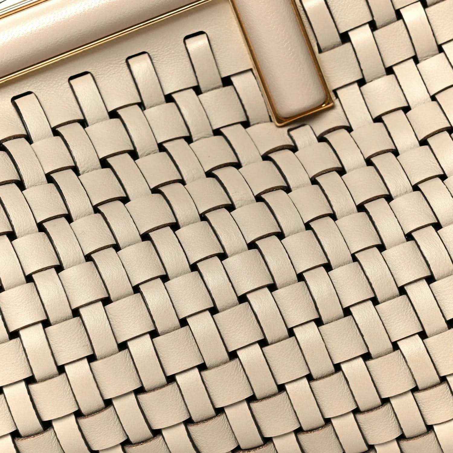 Ivory woven leather clutch front with braided basket-weave pattern