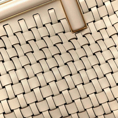 Ivory woven leather clutch front with braided basket-weave pattern